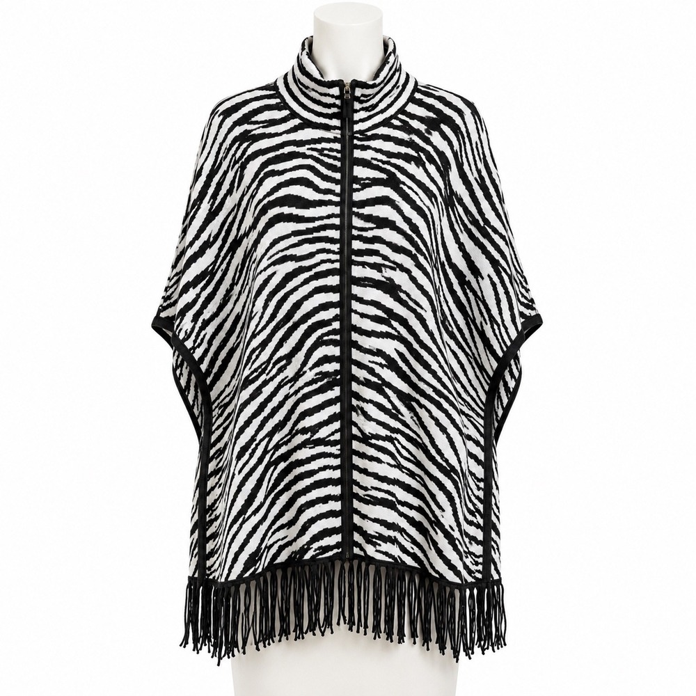 Christian Siriano Zebra Poncho Women L/XL Black White Animal Print Fringe Zip Up - Picture 1 of 9